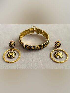 DAMASCENE LINK BRACELET & HOOP CLIP EARRINGS/NEW/DOVE GOLD INLAY ON BLACK/SPAIN/